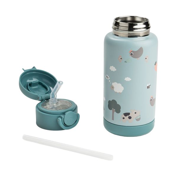 Done By Deer Thermos Drinkfles Rietje - 340 ml - Tiny Farm - Blue Done By Deer Thermos Drinkfles Rietje - 340 ml - Tiny Farm - Blue