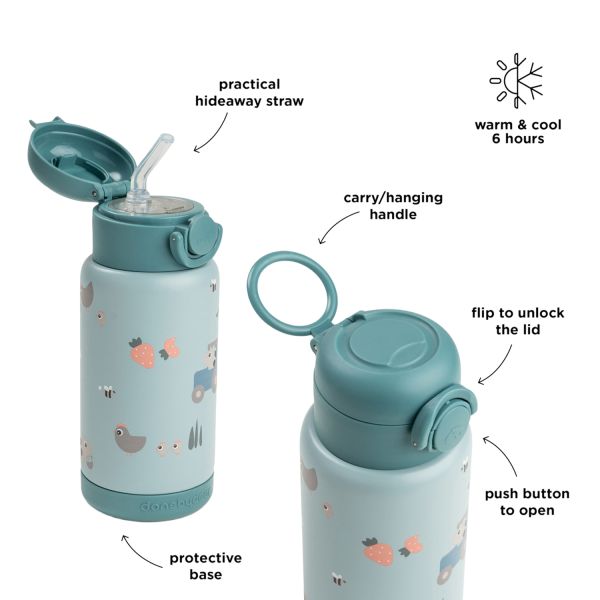 Done By Deer Thermos Drinkfles Rietje - 340 ml - Tiny Farm - Blue Done By Deer Thermos Drinkfles Rietje - 340 ml - Tiny Farm - Blue