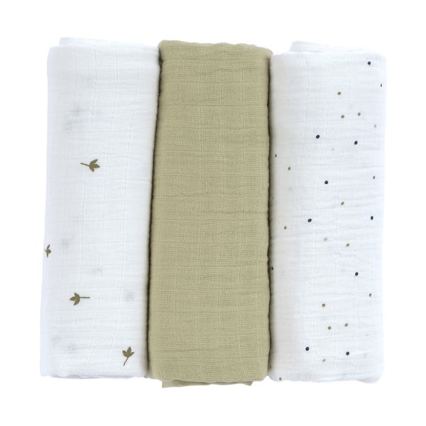 Lässig Swaddle & Burp L Multidoek - GOTS - 3pcs - 85 x 85 cm - Leave Olive