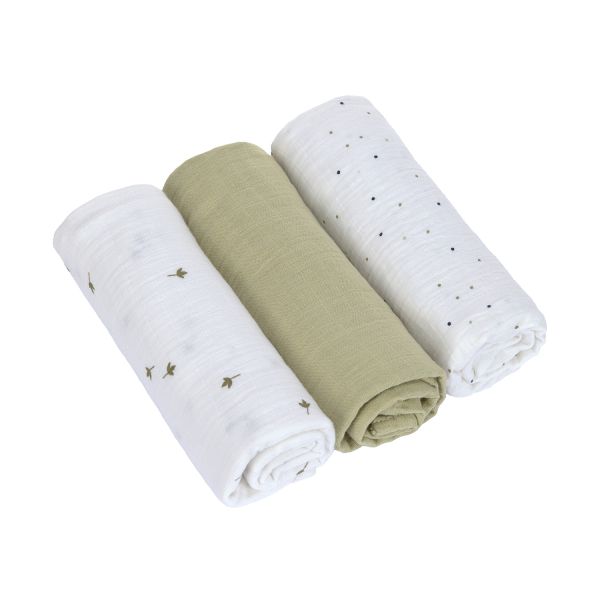 Lässig Swaddle & Burp L Multidoek - GOTS - 3pcs - 85 x 85 cm - Leave Olive