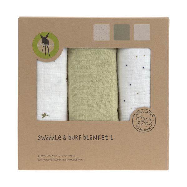Lässig Swaddle & Burp L Multidoek - GOTS - 3pcs - 85 x 85 cm - Leave Olive