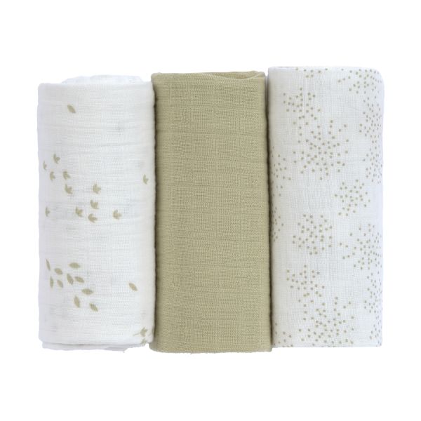 Lässig Swaddle & Burp M Multidoek - GOTS - 3pcs - 60 x 60 cm - Leave Olive / Milky Lässig Swaddle & Burp M Multidoek - GOTS - 3pcs - 60 x 60 cm - Leave Olive / Milky