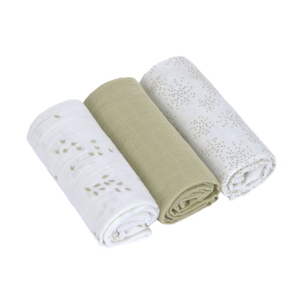 Lässig Swaddle & Burp M Multidoek - GOTS - 3pcs - 60 x 60 cm - Leave Olive / Milky Lässig Swaddle & Burp M Multidoek - GOTS - 3pcs - 60 x 60 cm - Leave Olive / Milky