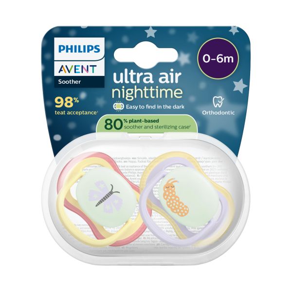 Philips Avent Ultra Air Fopspeen - 0-6 Mnd - 2 Stuks - Plant-based - Glow In The Dark Philips Avent Ultra Air Fopspeen - 0-6 Mnd - 2 Stuks - Plant-based - Glow In The Dark