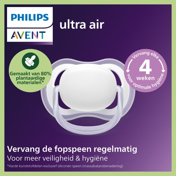 Philips Avent Ultra Air Fopspeen - 18+ Mnd -2 Stuks - Plant-based - Glow In The Dark Philips Avent Ultra Air Fopspeen - 18+ Mnd -2 Stuks - Plant-based - Glow In The Dark