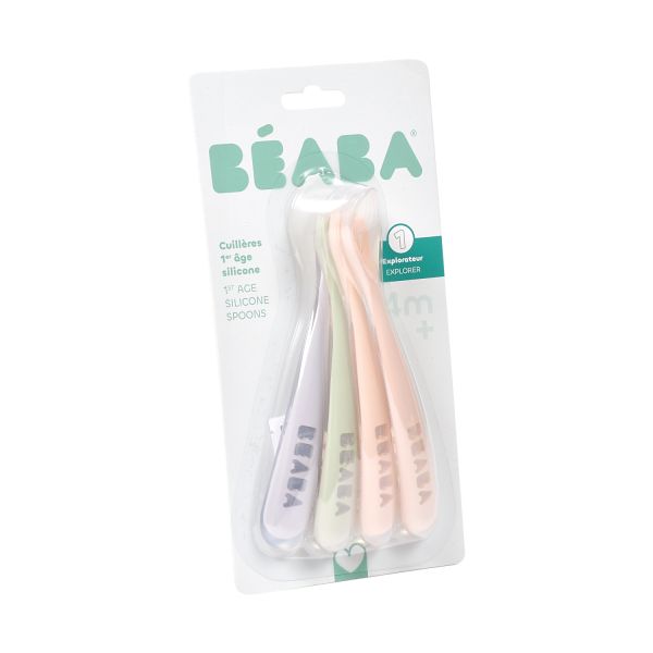 Beaba Set van 4 siliconenlepels 1ste leeftijd - Cotton Candy / Marshmellow / Grijsgroen / Lila