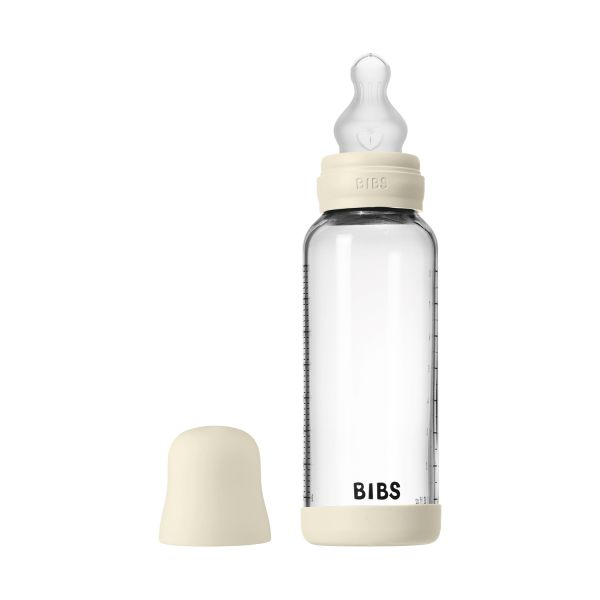 BIBS Fles - Medium Flow - Ronde Speen - 240 ml - Glas/Silicone - Ivory 