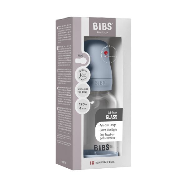 BIBS Fles - Slow Flow - Ronde Speen - 120 ml - Glas/Silicone - Baby Blue