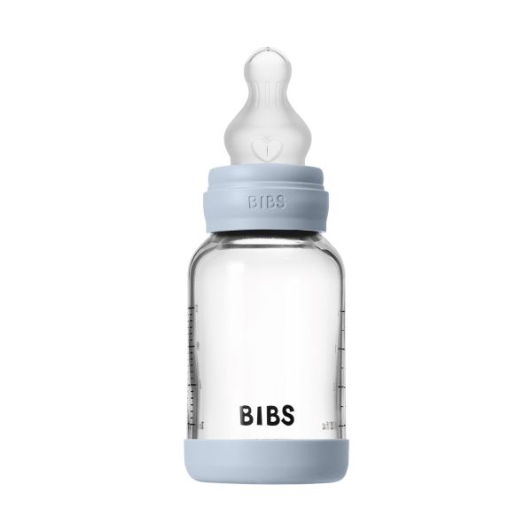 BIBS Fles - Slow Flow - Ronde Speen - 120 ml - Glas/Silicone - Baby Blue