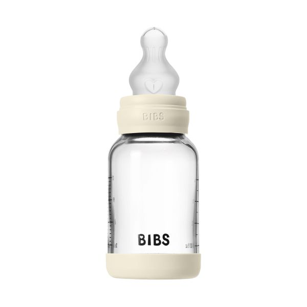 BIBS Fles - Slow Flow - Ronde Speen - 120 ml - Silicone/Glas - Ivory