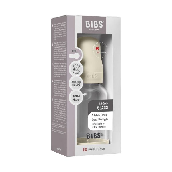 BIBS Fles - Slow Flow - Ronde Speen - 120 ml - Silicone/Glas - Ivory
