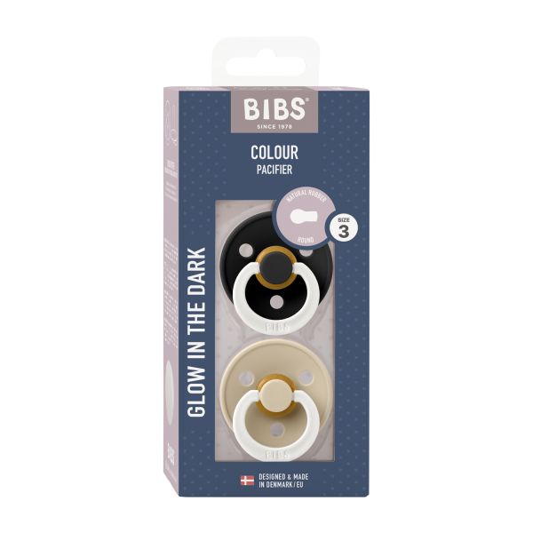 BiBs Glow In The Dark Fopspeen - Rond - 2 Stuks - 18+ Mnd - Black/Vanilla 