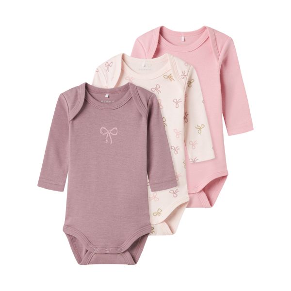 Name It Romper - 3P LS Solid Rib - Pink Bow - Mt. 56