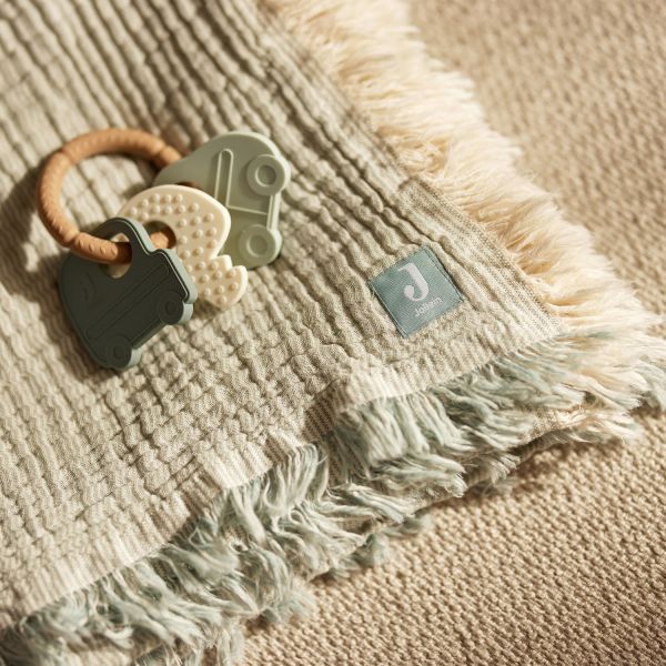 Jollein Deken Ledikant - 120 x 120 cm Fringe Stripe Sea Green/Ivory GOTS 