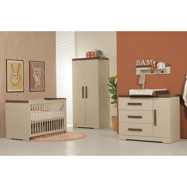 Interbaby Ledikant 70 x 140 Incl. Juniorzijde - Commode 3 Laden / 1 Deur - Hanglegkast 2 Deuren Pebble