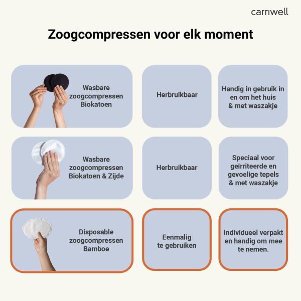 Carriwell Disposable Zoogcompressen - 50 Stuks - Bamboe Carriwell Disposable Zoogcompressen - 50 Stuks - Bamboe