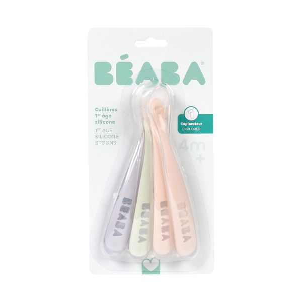 Beaba Set van 4 siliconenlepels 1ste leeftijd - Cotton Candy / Marshmellow / Grijsgroen / Lila Beaba Set van 4 siliconenlepels 1ste leeftijd - Cotton Candy / Marshmellow / Grijsgroen / Lila