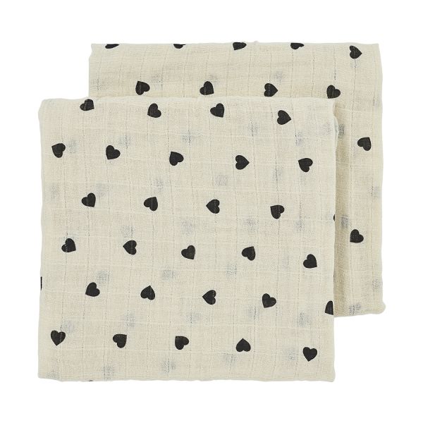 Meyco Baby Sweet Heart Tetra Doeken - 2-pack - Soft Sand/Black - 70x70 cm Meyco Baby Sweet Heart Tetra Doeken - 2-pack - Soft Sand/Black - 70x70 cm