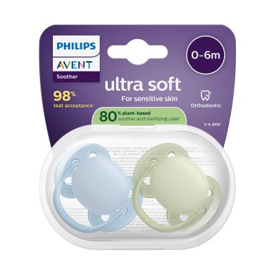 Sucette Philips Avent Ultra Soft - 0-6 mois - 2 pièces - à base de plantes Sucette Philips Avent Ultra Soft - 0-6 mois - 2 pièces - à base de plantes