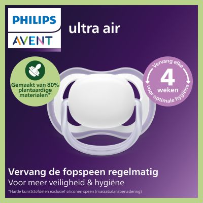 Philips Avent Ultra Air Fopspeen - 0-6 Mnd - 2 Stuks - Plant-based - Glow In The Dark Philips Avent Ultra Air Fopspeen - 0-6 Mnd - 2 Stuks - Plant-based - Glow In The Dark