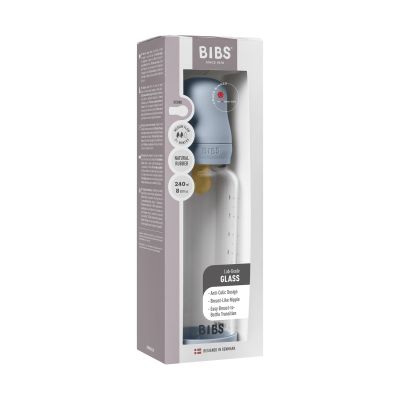BIBS Fles - Medium Flow - Ronde Speen - 240 ml - Glas/Latex - Baby Blue