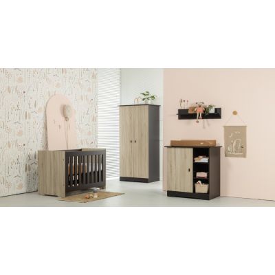 Interbaby Ledikant 70 x 140 Incl. Juniorzijden - Commode 1 deur 3 vakken - Hanglegkast Basalt