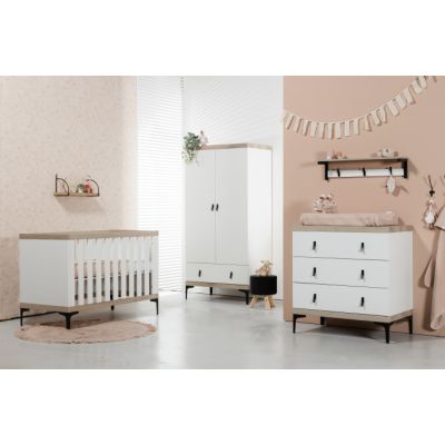 Interbaby Ledikant 70 x 140 - Commode 3 Laden - Hanglegkast 2-Deurs Strips Wit