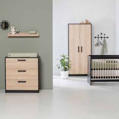 Europe Baby Nova Ledikant 60x120/Commode 3 Laden/Hanglegkast 2 Deuren - Zwart/Eiken
